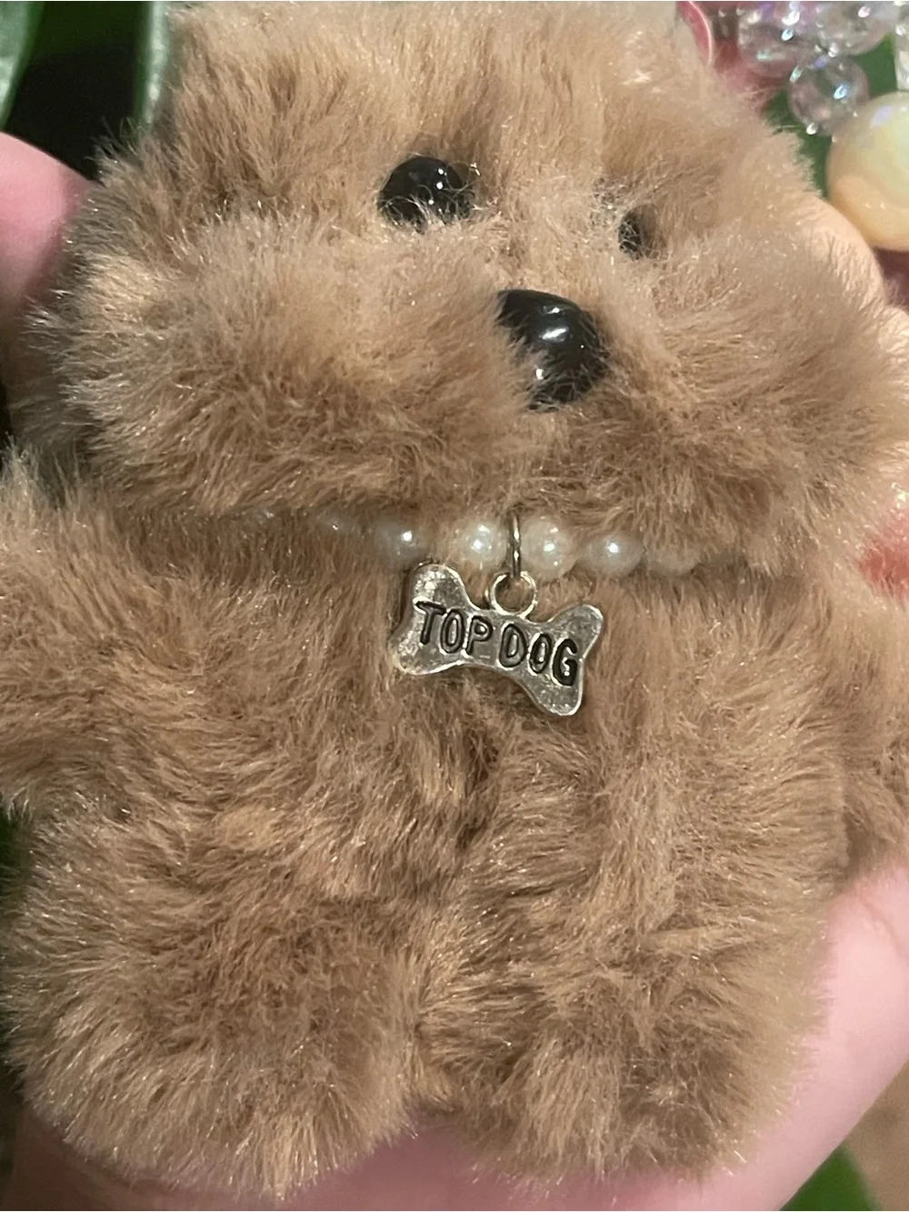 Plush Brown Pom Dog Keychain with Iridescent Beaded Charm